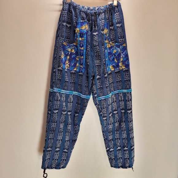 Handmade Pants - Guatemalan Bohemian Pants In Blue Turquoise Floral Embroidered- Onesize